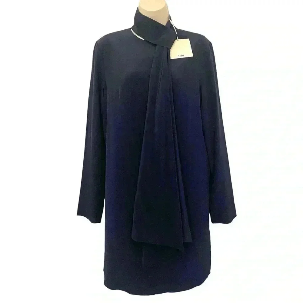 Tibi New Silk Crepe Tie Neck Mini Dress Size 6 Cocktail Party 70s Retro Office
